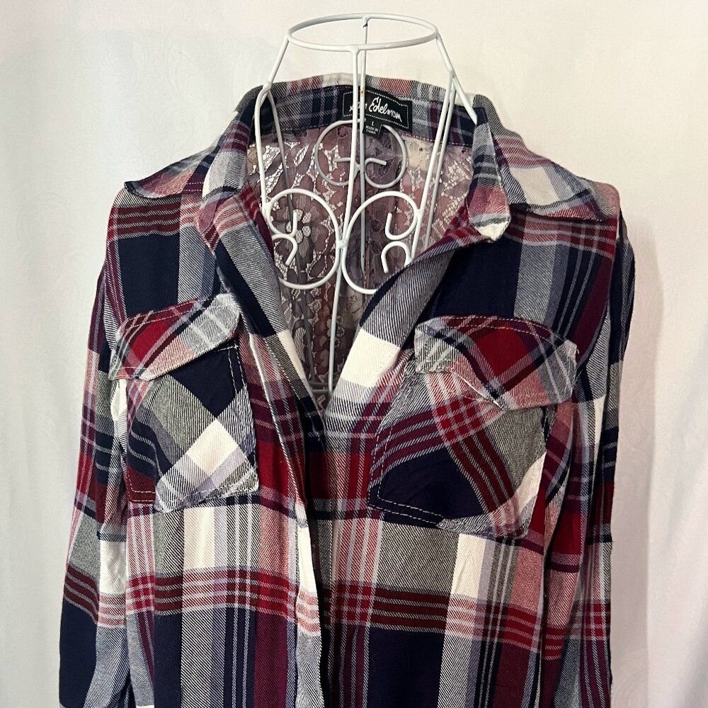 Sam Edelman Red Plaid Lace Back Long Sleeve Button Down